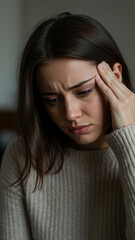 Fototapeta premium Young Woman Suffering from Headache or Stress, Touching Her Head