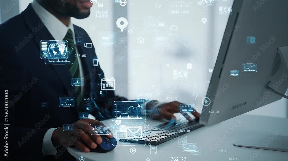 Aufkleber パソコンで作業する外国人男性とデジタルテクノロジーのコンセプト
