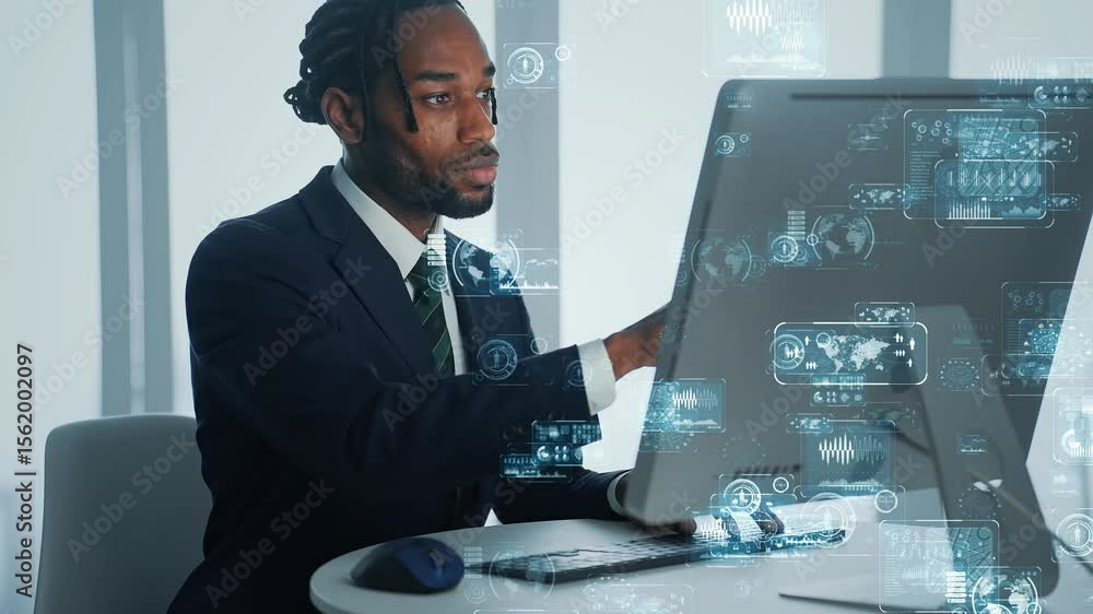 Poster Black man working on a computer and digital technology concept