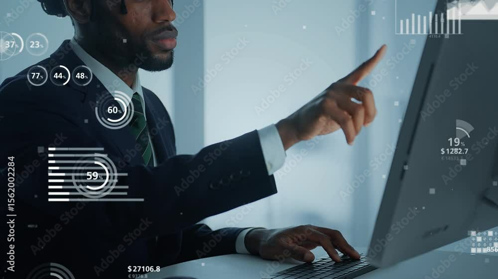 Poster black man working on a computer and statistical data concept