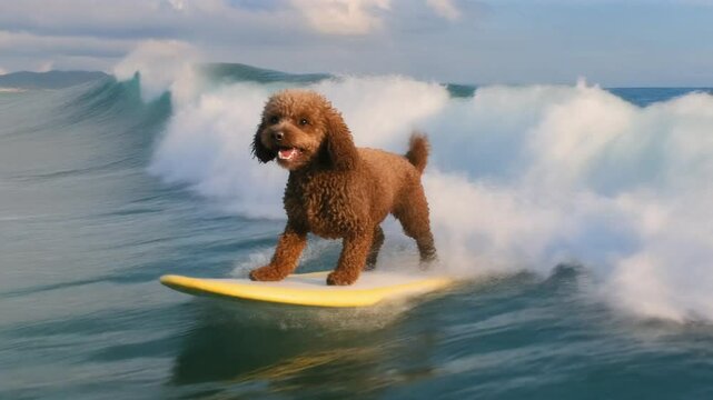 Smiling toy poodle surfing