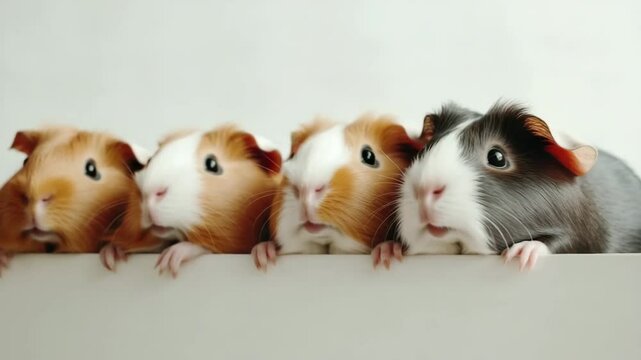 Four guinea pigs of different colors, including brown, orange, and gray, are lined up against a white background. They have distinct facial features and expressions.