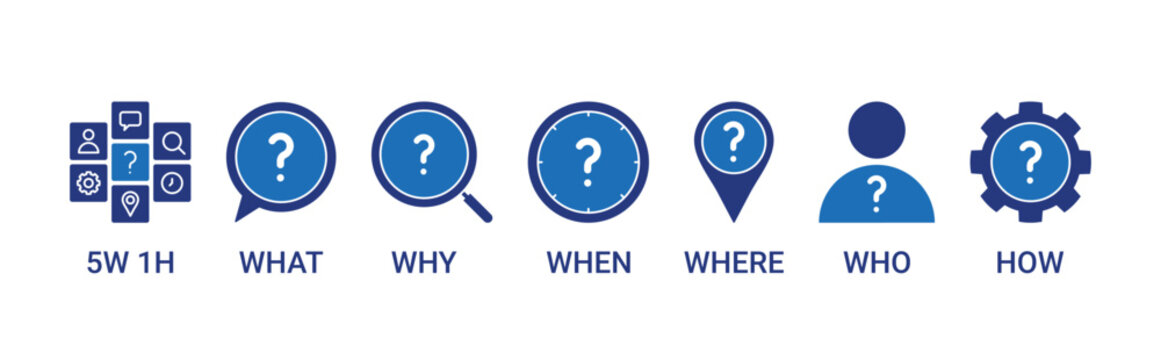 5W 1H Method icon set with what, why, where, when, who, how icon