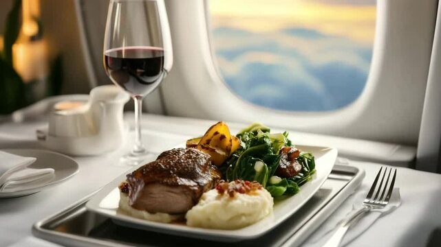 A gourmet meal served on an airplane tray. The dish includes roasted chicken, mashed potatoes, saut&eacute;ed vegetables, and a glass of red wine. A cloudy sky is visible through the window.