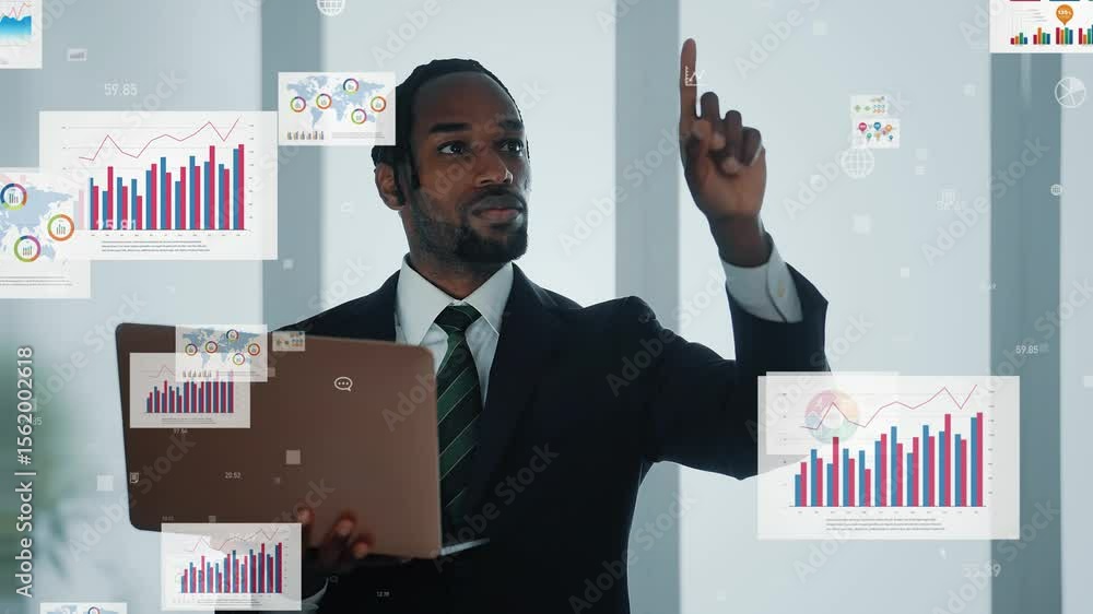 Poster black man working on a computer and marketing data concept