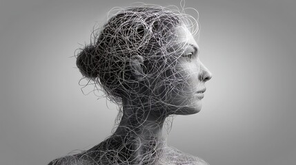 Chaotic Mind Concept with Tangled Lines Inside Human Head Silhouette