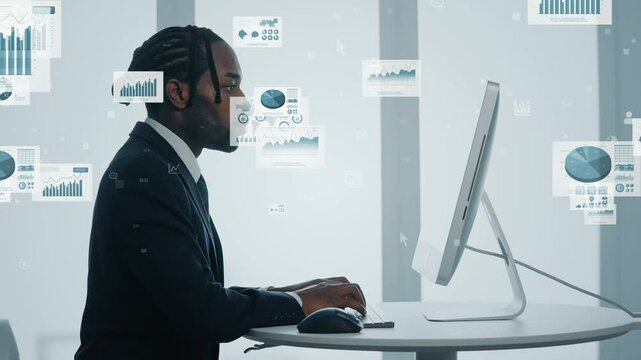 Black man working on a computer and marketing data concept