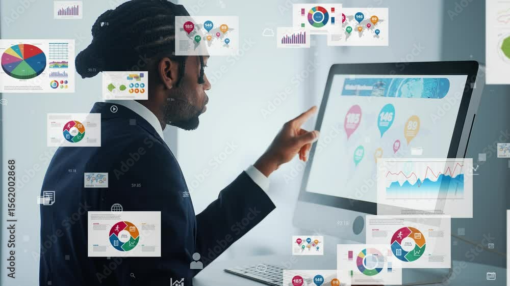 Poster black man working on a computer and marketing data concept