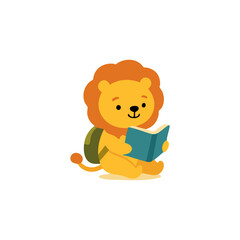 Cute cartoon lion with backpack reading a book