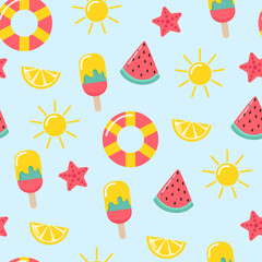Colorful seamless summer pattern with ice creams, sun, watermelon, lemon slices, starfish, and lifebuoys on a light blue background. Fun and cheerful holiday vibe.