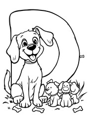 Dog with Letter D Outline Cartoon Puppy for Coloring Page Vector Design