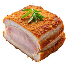 Crispy roast pork belly cutlet Thai Chinese fusion food closeup
