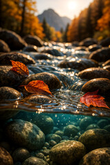Crystal clear mountain stream flowing over smooth river rocks with autumn leaves creating color accents, close-up split-level perspective showing both underwater elements and surface.