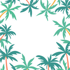 Palm trees vector frame. Tropical square border frame template with palms and copy space. Seasonal jungle island background for summer sale banner, party invitation, card, travel, tourism designs