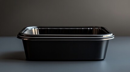 Black plastic takeout container with clear lid, empty food packaging on dark surface