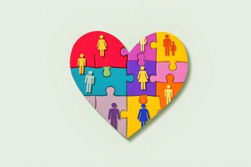 Creative heart-shaped puzzle symbolizes love, diversity, and unity with colorful pieces representing different relationships