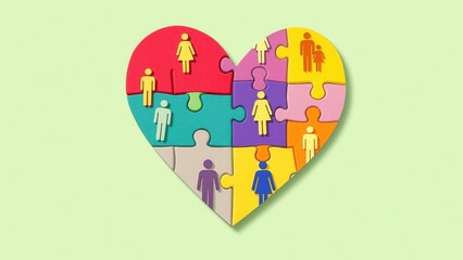 Colorful heart-shaped puzzle pieces represent diverse relationships and connections in society