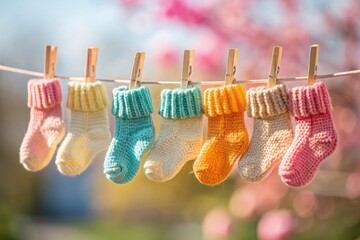 A line of adorable knitted baby socks in various pastel colors drying on a clothesline