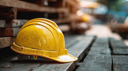 Stunning photo of close-up of a yellow hard hat resting on wooden planks, symbolizing safety and construction in a bright, professional environment.