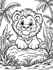 Cute Lion Cub Coloring Page Cartoon Jungle Animal Illustration Vector Art