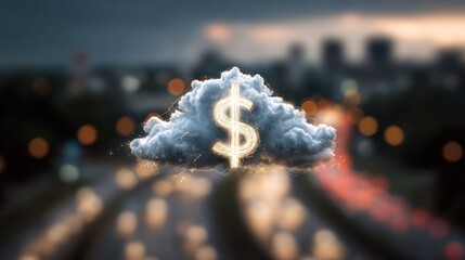 Stunning photo of conceptual image of a cloud symbolizing digital finance, with a dollar sign against a blurred business background, representing online banking and modern money.