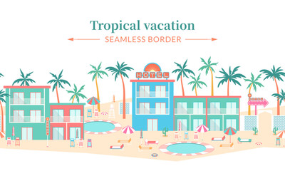 Tropical hotel vector seamless border. Poolside resort landscape frame template with colorful hotel buildings, palm trees, sun loungers, parasols on beach sand background in mid-century modern style