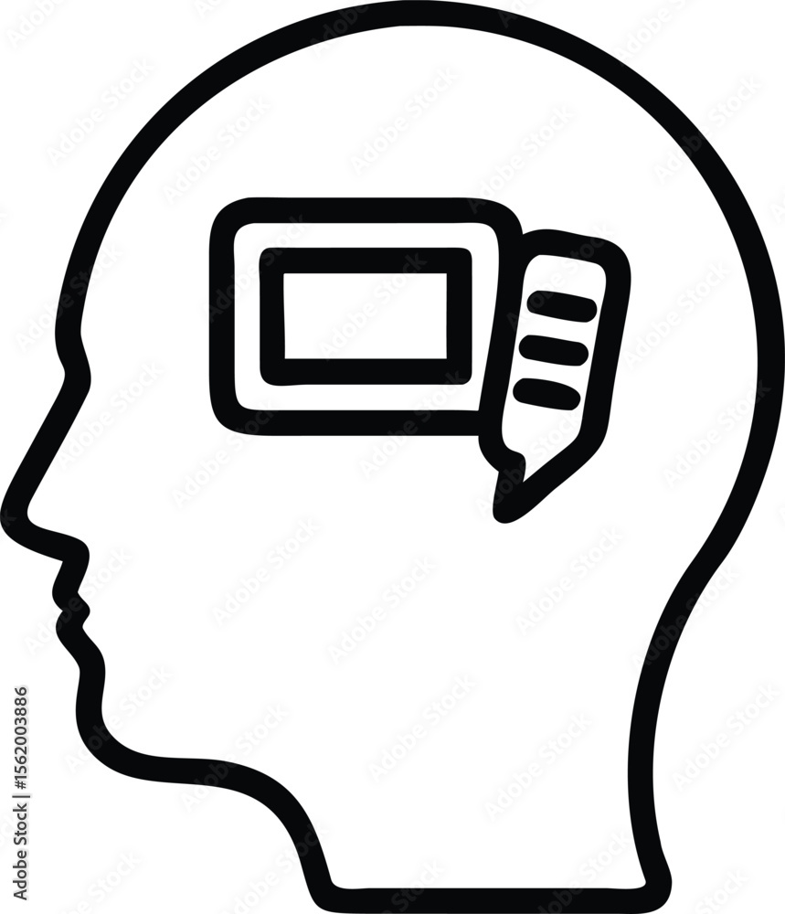 Poster human head outline with empty monitor and speech bubble line art