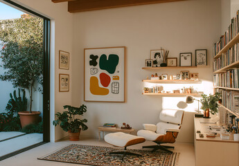 Contemporary interior design: a bright space with a focus on art, comfort, and organization. Ideal for studying, working, or simply enjoying your home.