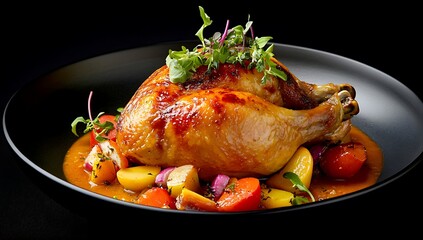 Golden-brown whole chicken, dipped in a rich amber sauce and topped with a vibrant, colorful vegetable salad.
