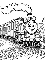 Cartoon Steam Train Illustration Black and White Outline Vector Graphic