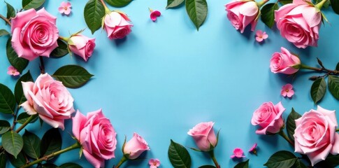 Pink roses scattered on blue Festive floral composition Ideal for cards , macro, holiday