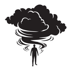 Silhouette of a man facing a destructive tornado symbolizing overwhelming challenges and stress