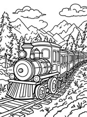 Train Coloring Page Vector Illustration with Mountain Landscape