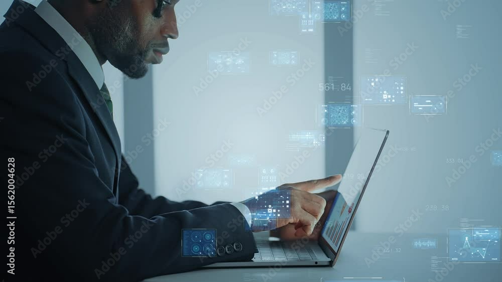 Poster Black man working on a computer and digital technology concept