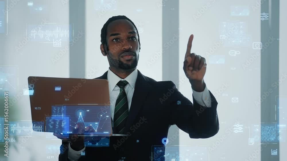 Poster Black man working on a computer and digital technology concept