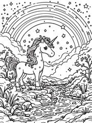 Unicorn Coloring Page with Rainbow Stars River and Clouds Line Art