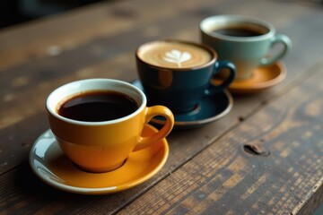Several coffee cups filled to different levels sit on aged wood , hot, aroma