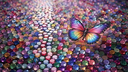 Colorful butterfly resting on vibrant beads background  
