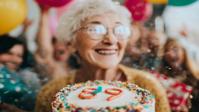 Celebrating a joyful 89th birthday with family and colorful decorations at a happy gathering