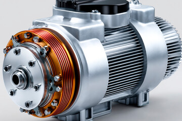 Closeup of a modern metallic electric motor with orange copper coil, cooling fins and bolts, illustrating advanced engineering and industrial technology