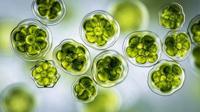 Luminous close up of green algae colonies with detailed microscopic cellular structure and vibrant natural aquatic biology patterns under microscope