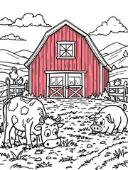 Farm Scene with Barn Cow Pig and Chickens Line Art Illustration