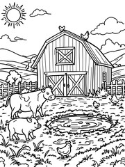 Farm Animals Coloring Page Barn Cow Pig Chickens Vector Illustration