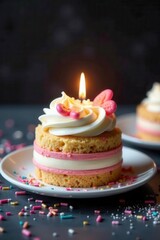 Alternating buttercream stripes, lit candles, scattered sprinkles , joyful, food