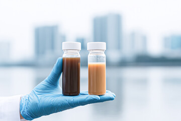 A gloved hand holds two small vials containing liquids of different colors, with a blurred cityscape in the background.