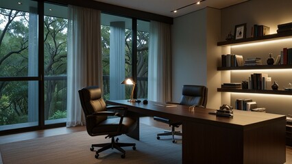 Fototapeta premium Contemporary home office with sleek furniture and ample lighting
