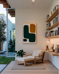 Minimalist reading corner with natural light, a comfortable armchair, and shelves filled with books. A clean, welcoming design for relaxing and reading.