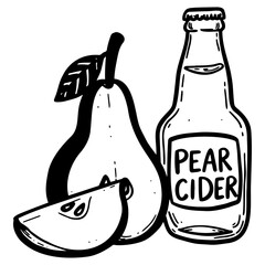 Pear cider bottle with sliced pear fruit in hand-drawn style  