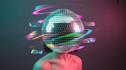 Abstract figure with disco ball head in colorful light setting  