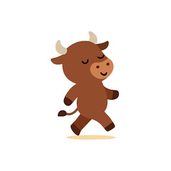 Cute cartoon brown bull walking